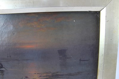 Lot 987 - Jamini Prakash Gangooly (1876-1953) oil on canvas in gilt frame –boats at dusk, 16.5cm x 21.5cm ​