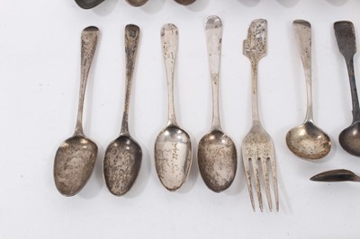 Lot 114 - Group various silver teaspoons and condiment spoons, one silver fork, two pairs silver sugar tongs and silver shaving brush holder
