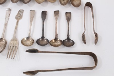 Lot 114 - Group various silver teaspoons and condiment spoons, one silver fork, two pairs silver sugar tongs and silver shaving brush holder