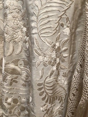 Lot 2227 - Chinese Cream Silk Shawl heavily embroidered with deep knotted fringing. Plus a small quantity of old fringing, lace and fabric.