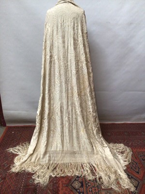 Lot 2227 - Chinese Cream Silk Shawl heavily embroidered with deep knotted fringing. Plus a small quantity of old fringing, lace and fabric.