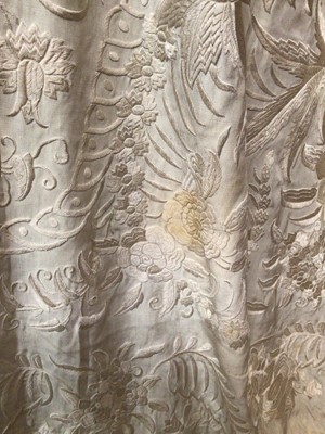 Lot 2227 - Chinese Cream Silk Shawl heavily embroidered with deep knotted fringing. Plus a small quantity of old fringing, lace and fabric.