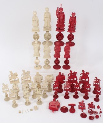 Lot 227 - Fine quality 19th century Canton carved and stained ivory chess set, some elements missing