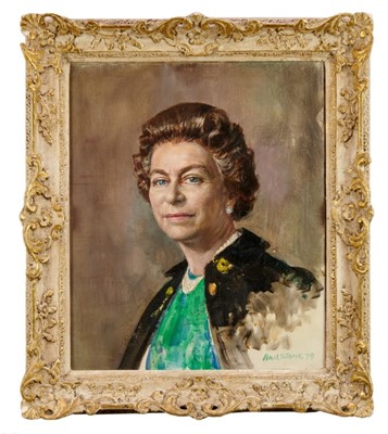 Lot 24 - Bernard Hailstone (1910-1987)1979, oil sketch portrait of H.M.Queen Elizabeth II in moulded frame