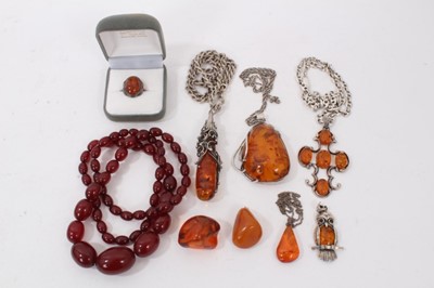 Lot 259 - Group of silver mounted amber jewellery and simulated cherry amber bead necklace