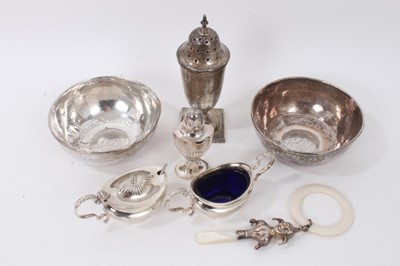 Lot 278 - Silver sugar caster, two Eastern white metal bowls, silver three piece cruet set and child’s rattle