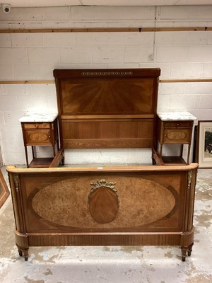 Lot 1391 - Early 20th century French inlaid walnut double bed and ensuite pair of marble topped bedside cupboards.