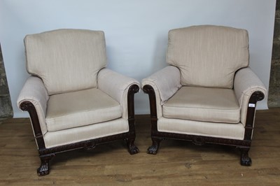 Lot 926 - Pair of early 20th century mahogany and cream upholstered armchairs with showwood frames.