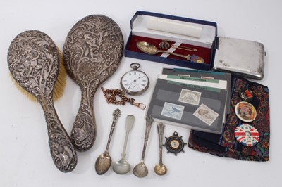 Lot 50 - Silver cigarette case, silver backed mirror and brush, silver commemorative teaspoon, badges, salt spoons and silver cased pocket watch with gold plated watch chain