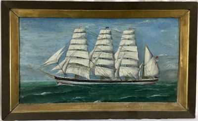 Lot 5 - Late 19th century oil on board -a four masted vessel at sea, 53.5cm x 28.5cm, framed