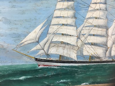Lot 5 - Late 19th century oil on board -a four masted vessel at sea, 53.5cm x 28.5cm, framed