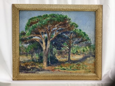 Lot 6 - Mid 20th century oil on canvas - trees in landscape, indistinctly signed, 45cm x 37cm, framed