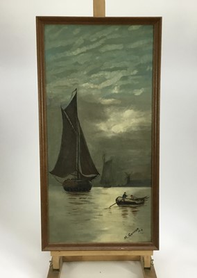 Lot 198 - M. Gordon, early 20th century oil on canvas - vessels by moonlight, signed and dated 1913, 29.5cm x 60cm, framed