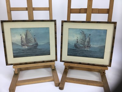 Lot 9 - Pair of early 20th century Oriental School gouaches - Junks at Sea, signed, both images 25.5cm x 20cm  in faux bamboo frames