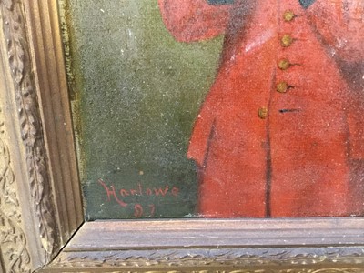 Lot 10 - Late 19th century oil on board - a Chelsea pensioner piper, signed Harlowe '97, 17cm x 24cm, in gilt frame