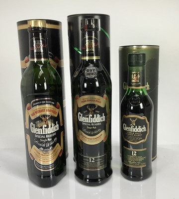 Lot 143 - Whisky - three bottles, Glenfiddich 12 year old Special Reserve and two others, each boxed