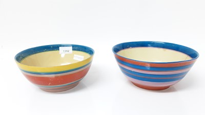 Lot 1352 - Two Clarice Cliff for Liberty's 'Bizarre' bowls with polychrome painted horizontal stripes, signed 'Liberty's' and printed Bizarre mark. 19cm and 21cm diameter (2)