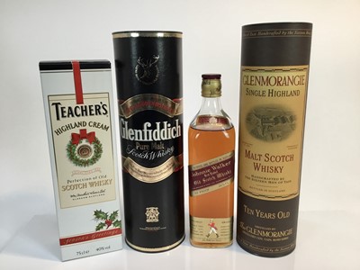 Lot 164 - Whisky - four bottles, Glemorangie Ten years old, Glenfiddich, Johnnie Walker Red Label and Teachers, three boxed