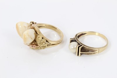 Lot 94 - Gold (stamped 585) ring set with two stags teeth and one other gold (585) single cultured pearl ring