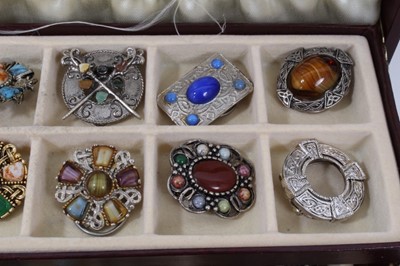 Lot 99 - Collection of Scottish style vintage scarf clips and three brooches including one by Miracle, within a jewellery box