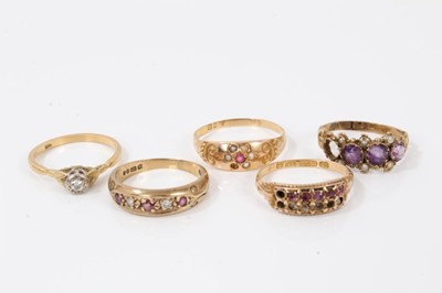 Lot 205 - 18t gold diamond single stone ring, three Victorian gold gem set rings and Victorian style gold ring