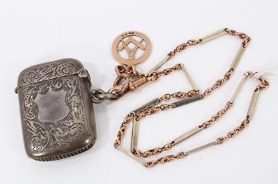 Lot 208 - 9ct white and yellow gold fancy link watch chain with 9ct gold Masonic fob and a silver vesta case