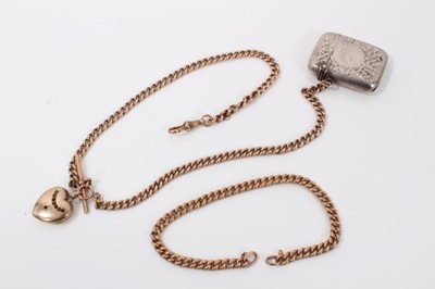 Lot 209 - Edwardian 9ct rose gold curb link watch chain with locket and a silver vesta, together with a similar chain