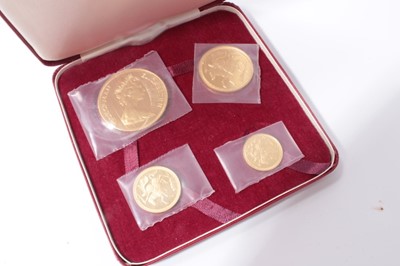 Lot 619 - Isle of Man - Gold proof four coin set 1973 to include Half Sovereign, Sovereign, £2 piece and £5 piece (N.B. Cased without Certificate of Authenticity) (1 coin set)