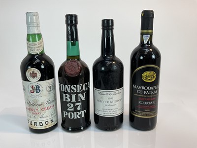 Lot 175 - Four bottles, Fonseca Bin 27, Russell & McIvor 1986 Crusted Port, JWB Sherry and a bottle of Greek sweet red wine
