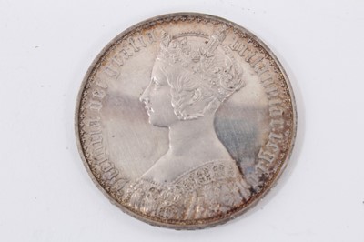 Lot 631 - G.B. - Victoria YH Gothic silver Crown - undecimo edge (N.B. Minor cleaning abrasions noted) otherwise AU (1 coin)