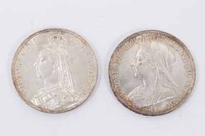 Lot 632 - G.B. - Victoria silver Crowns to include JH 1888 (N.B. Narrow date) EF and OH 1899 LXIII AU (2 coins)