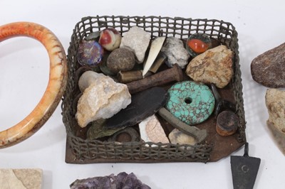 Lot 112 - Group semi precious gem stones and fossils, agate brooch and buckle, silver mounted amber tie clip, coin bracelet, other jewellery and sundries