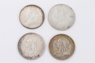 Lot 633 - G.B. - Mixed Victoria silver Florins to include 1849 'Godless' GEF, 1885 'Gothic' GVF/AEF OH 1893 EF and JH 1887 GEF (4 coins)