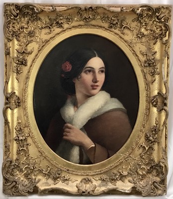 Lot 17 - Victorian English School oil on canvas - oval portrait of a pretty young lady, 41cm x 50cm, in gilt frame