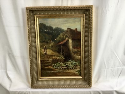 Lot 19 - Victorian English School oil on canvas - figure before a Watermill, 24cm x 34cm, in gilt frame