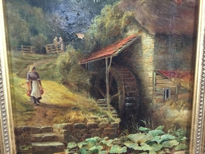 Lot 323 - Victorian English School oil on canvas - figure before a Watermill, 24cm x 34cm, in gilt frame
