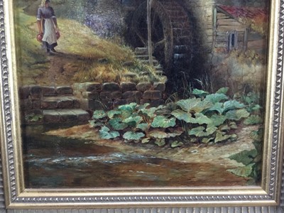 Lot 323 - Victorian English School oil on canvas - figure before a Watermill, 24cm x 34cm, in gilt frame