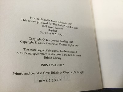 Lot 1718 - Rowling, J. K. Harry Potter and the Philosopher's Stone, third printing, London: Ted Smart, The Book People Ltd., 1998, hardback, print line on copyright page reads '10 9 8 7 6 5 4 3'