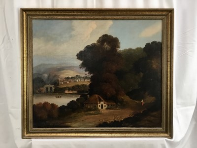 Lot 23 - 19th century English School oil on canvas - extensive landscape with a town beyond, 60cm x 50cm, in gilt frame