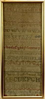 Lot 22 - Victorian needlework sampler depicting alphabet, dated 1879, in glazed gilt frame