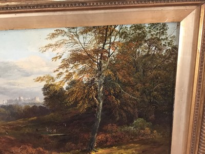 Lot 24 - Victorian English School oil on canvas - extensive landscape with Windsor Castle beyond, indistinctly signed, 45cm x 25cm, in gilt frame