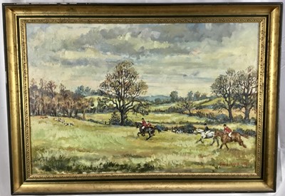 Lot 311 - Pauline Arnold (contemporary) oil on canvas - Hunting Landscape, signed and dated 1972, in gilt frame