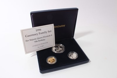 Lot 646 - Guernsey - Westminster issued three coin proof set 'Her Majesty Queen Elizabeth 70th Birthday' 1996 to include gold 24ct £25 (wt. 7.81gms) and sterling silver £5 and £1 coins (Total silver wt. 37.7...