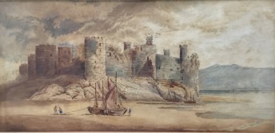 Lot 236 - English school, 19th century watercolour - Welsh castle, glazed frame, 18 x 36cm