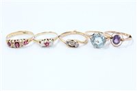 Lot 643 - Group of five gold and gem set dress rings -...