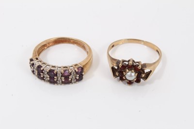 Lot 299 - Five 9ct gold gem set rings, cameo brooch, pair earrings, pearl pendant and Victorian nephrite brooch