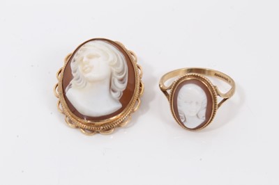 Lot 299 - Five 9ct gold gem set rings, cameo brooch, pair earrings, pearl pendant and Victorian nephrite brooch