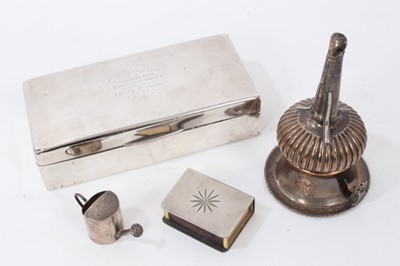 Lot 133 - Silver cigar box, silver miniature watering can, silver plated wine funnel and plated matchbox holder