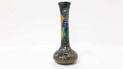 Lot 1224 - Moorcroft pottery vase decorated in the Peacock pattern, signed Rachel Bishop, dated 22.3.97, 21cm high, boxed