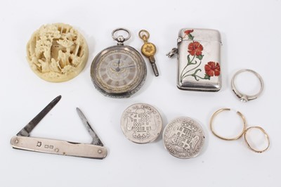 Lot 269 - Two 9ct gold rings, silver dress ring, Swiss silver cased fob watch, silver vesta case, silver penknife, two coin buttons and an ivory carving